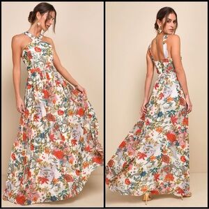 Lulus Lilja Cream Floral Print Maxi Bohemian Dress Size Small
